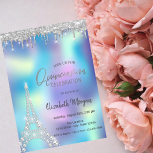 Glitter Drops Eiffel Tower Holographic Quinceanera Invitation