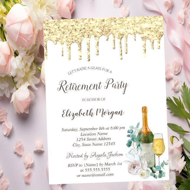 Glitter Drops,Glass, Floral Retirement Invitation (Creator Uploaded)