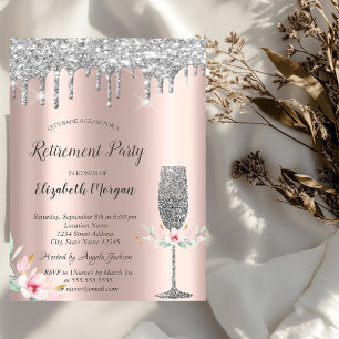 Glitter Drops,Glass, Floral Rose Gold Retirement Invitation