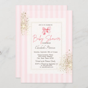 Glitter Dust Pink Bow Striped Baby Shower Invitation