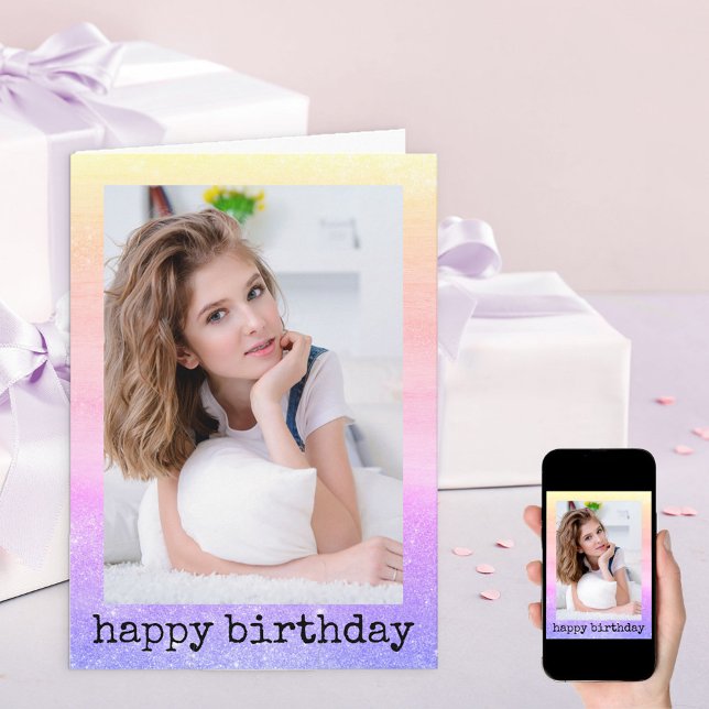 Glitter Dust Unicorn Rainbow Girly Photo Birthday Card (Creator Uploaded)