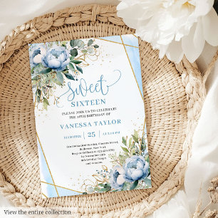 Glitter Dusty Blue White Gold Flowers Sweet 16  Invitation