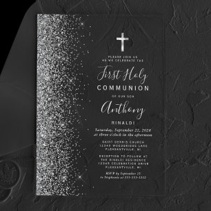 Glitter Edge Silver Text First Holy Communion Acrylic Invitations