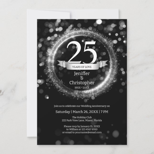 Glitter Edit Year Name Wedding Anniversary Black Invitation (Front)
