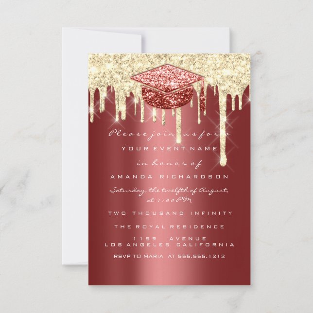 Glitter Effect Drips Gold Graduate Party Burgundy Invitation (Front)