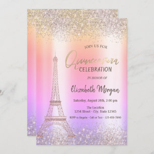 Glitter Eiffel Confetti Ombre Quinceañera   Invitation