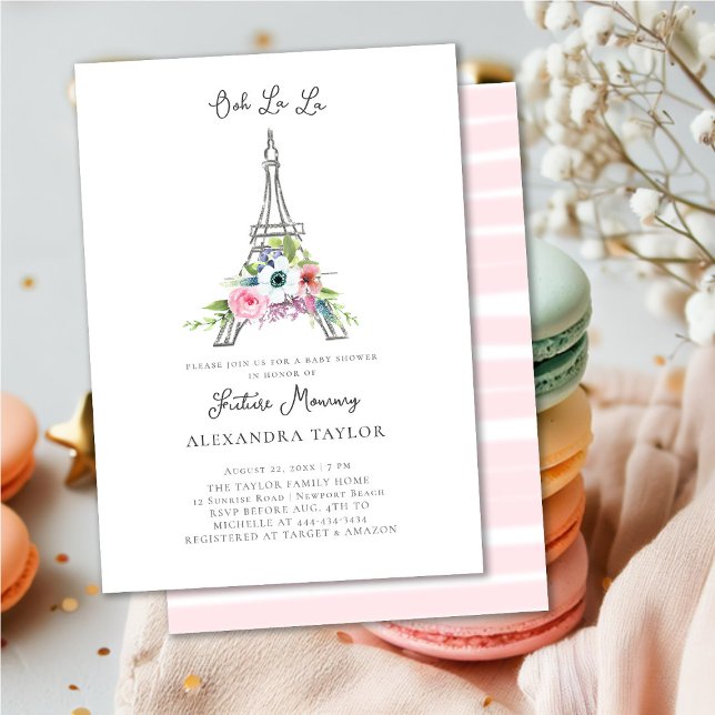 Glitter Eiffel Paris Floral Pink Girl Baby Shower Invitation (Creator Uploaded)
