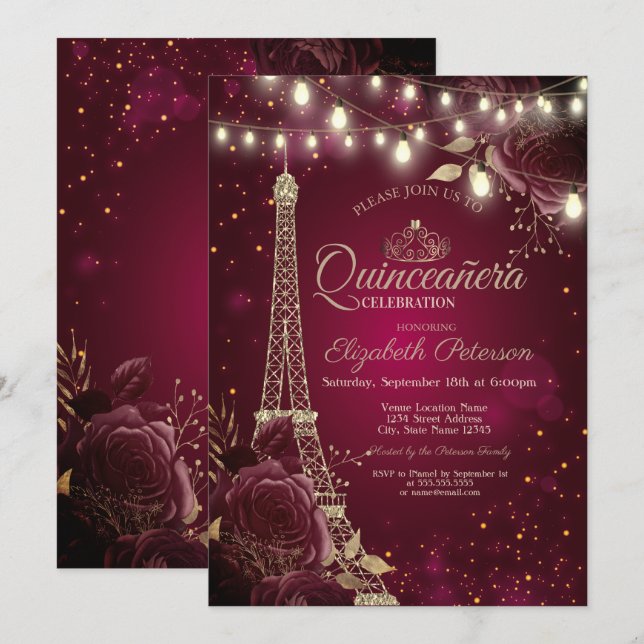 Glitter Eiffel Tower,Burgundy Roses Quinceañera  Invitation (Front/Back)