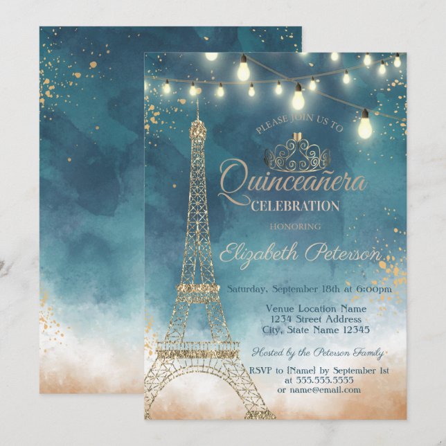 Glitter Eiffel Tower,Tiara Watercolor  Quinceañera Invitation (Front/Back)