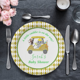 Glitter Elephant & Monkey Golf Baby Shower Return Paper Plate