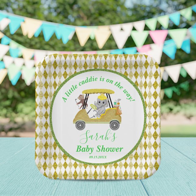 Glitter Elephant & Monkey Golf Baby Shower Return Paper Plate (Creator Uploaded)