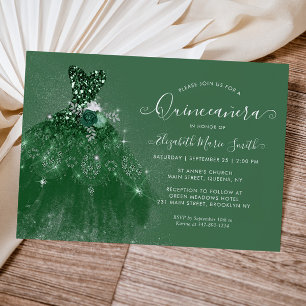 Glitter Emerald Green Silver Dress Quinceanera Invitation
