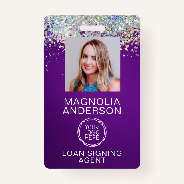 Glitter Employee Photo Logo Barcode Name Badge ID Badge (Front)