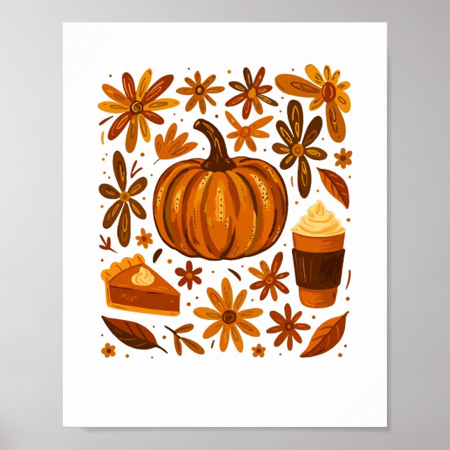 Glitter Fall Floral Pumpkin Thankgiving Poster (Front)