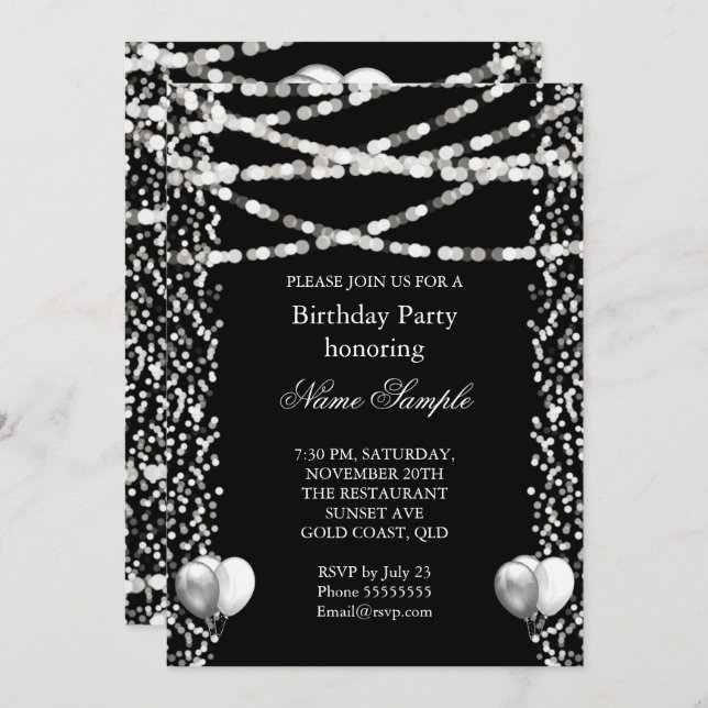 Glitter Faux Foil Silver Balloons Black Birthday Invitation (Front/Back)