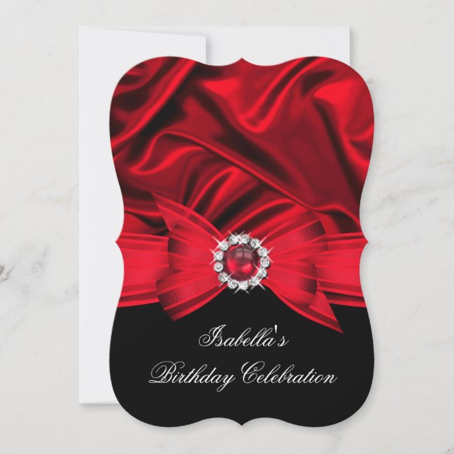 Glitter Faux Jewel Red Bow Black Birthday Party Invitation (Front)