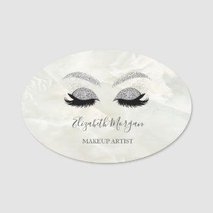 Glitter Faux Lashes, White Marble Makeup artist Name Tag