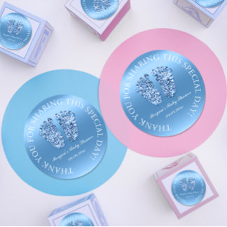 Glitter Feet Baby Shower Favour Thank You Blue Boy Classic Round Sticker