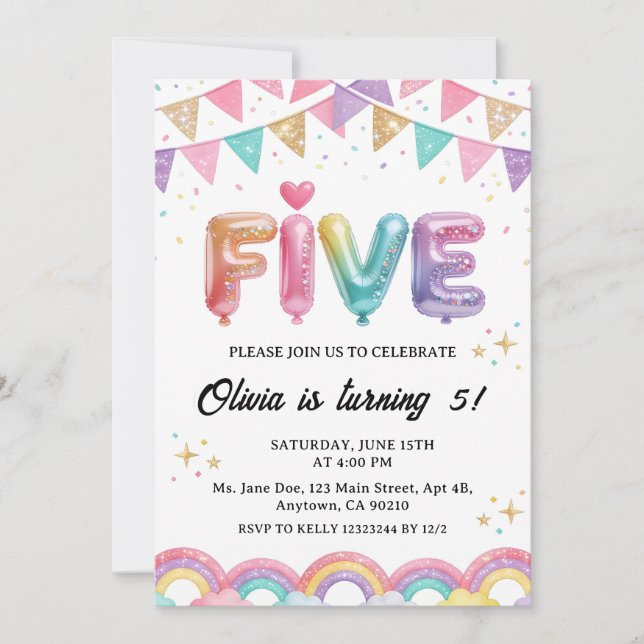 Glitter FIVE Girly Rainbow Sequin 5th Birthday Invitation (Front)