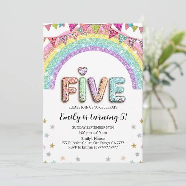 Glitter FIVE Girly Rainbow Sequin 5th Birthday Invitation (Standing Front)