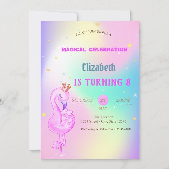 Glitter Flamingo,Crown Ombre Holographic Birthday Invitation (Front)