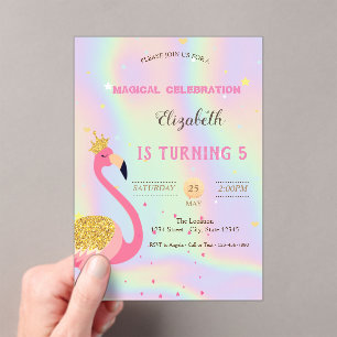 Glitter Flamingo, Holographic Birthday Acrylic Invitations