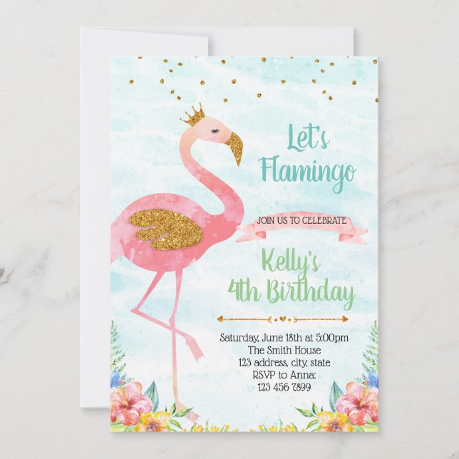 Glitter flamingo party invitation (Front)
