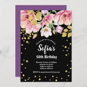 glitter floral birthday party invitation, gold invitation