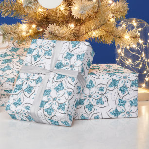 Glitter Floral Pattern in White & Indigo Wrapping Paper