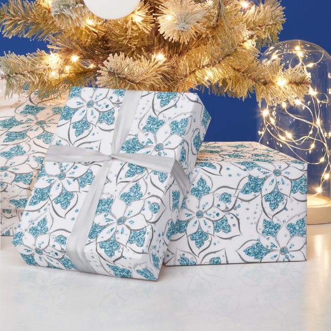 Glitter Floral Pattern in White & Indigo Wrapping Paper (Holidays)