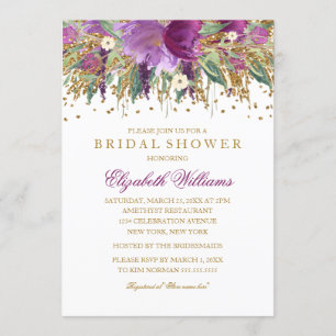 Glitter Floral Sparkling Amethyst Bridal Shower Invitation