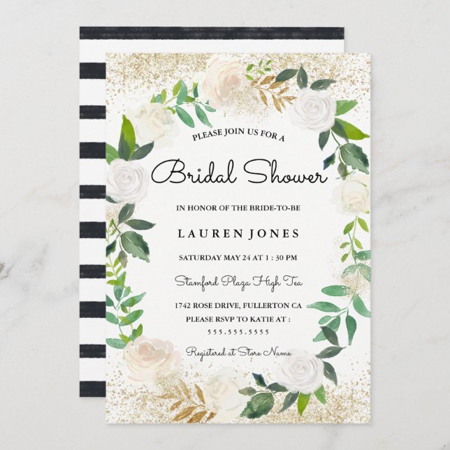 Glitter Floral Wreath Bridal Shower Invitation (Front/Back)