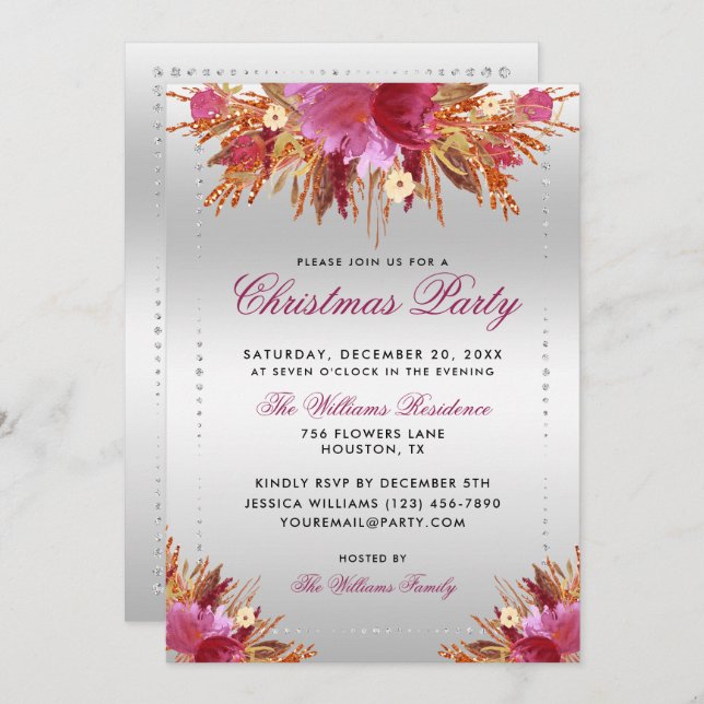 Glitter Flowers, Diamond Framed Christmas Party In Invitation (Front/Back)