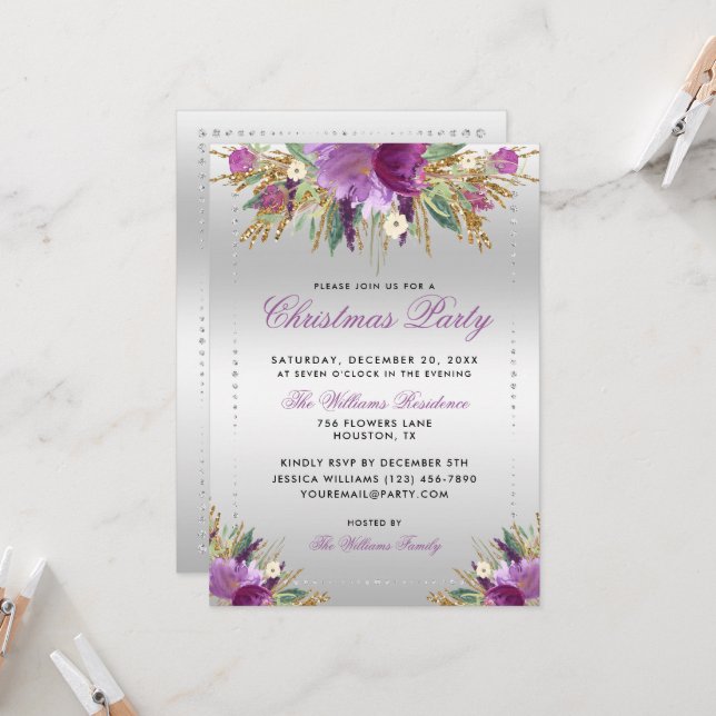 Glitter Flowers, Diamond Framed Christmas Party Invitation (Front/Back In Situ)