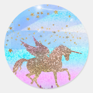 Glitter Flying Unicorn Magical Birthday Party Classic Round Sticker