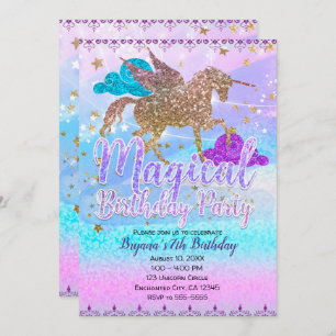 Glitter Flying Unicorn Magical Birthday Party Invitation