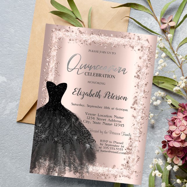  Glitter Frame,Black Dress Rose Gold 15th Birthday Invitation (Creator Uploaded)