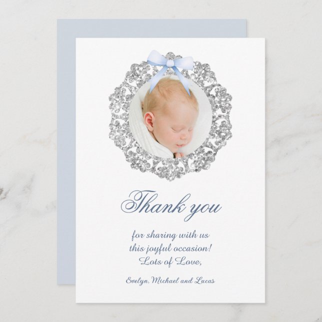 Glitter Frame Blue Bow Baptism Thank You Card (Front/Back)