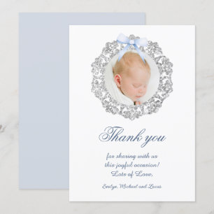 Glitter Frame Blue Bow Baptism Thank You Card