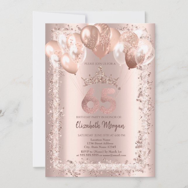 Glitter Frame,Crown,Balloons 65th Birthday Invitation (Front)