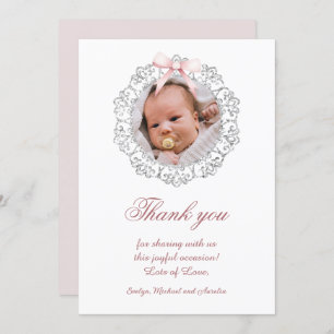 Glitter Frame Pink Bow Baptism Thank You Card