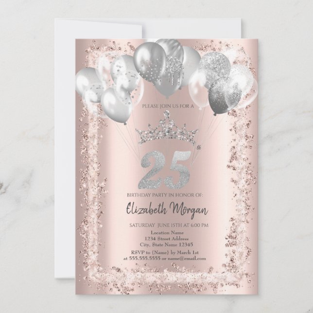 Glitter Frame,Silver Crown,Balloons 25th Birthday Invitation (Front)