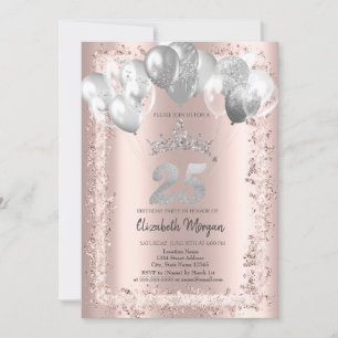 Glitter Frame,Silver Crown,Balloons 25th Birthday Invitation