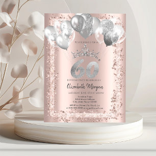 Glitter Frame,Silver Crown,Balloons 60th Birthday Invitation