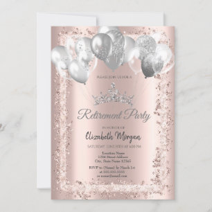 Glitter Frame Silver Crown Balloons Retirement Invitation