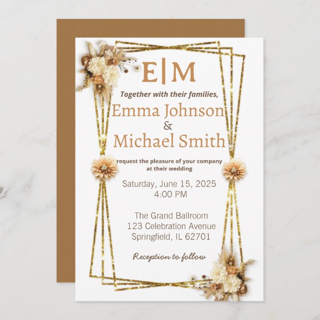 Glitter Frame with Flowers  wedding invitations (Front/Back)