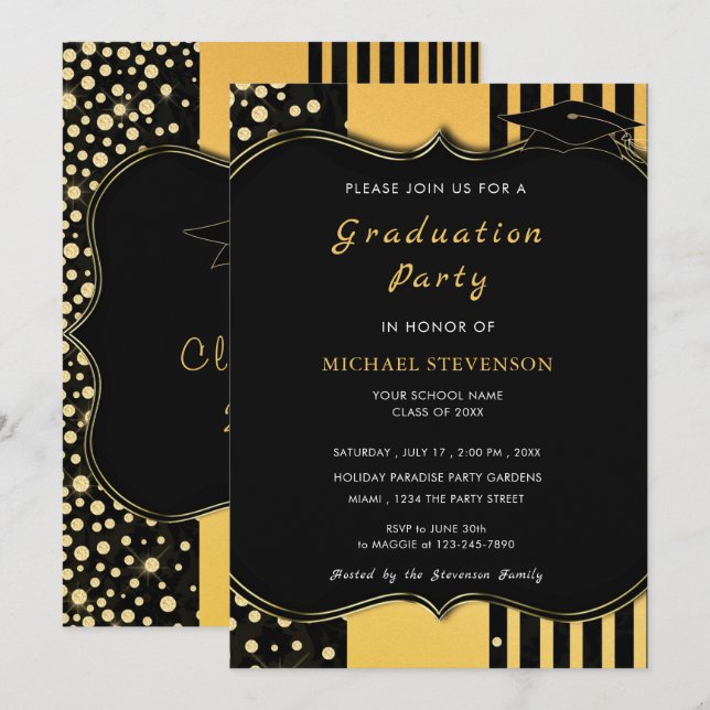 Glitter Framed Black Gold Graduation Invitation (Front/Back)