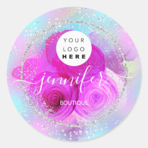 Glitter Framed Silver Pink Roses Blue Classic Round Sticker
