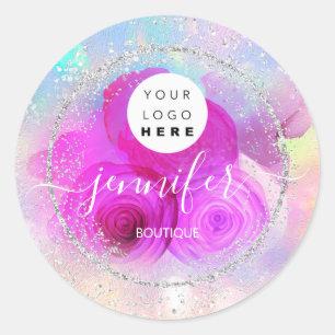 Glitter Framed Silver Pink Roses Glitter Classic Round Sticker
