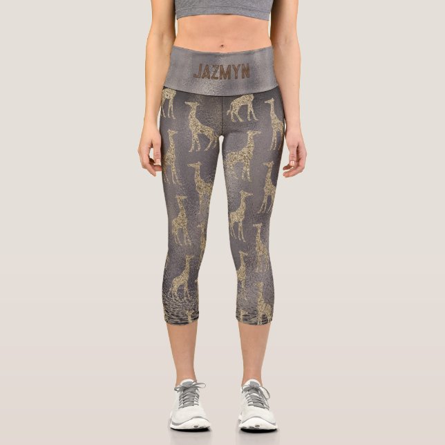 Glitter Giraffe on Glossy Grey Personalised Capri Leggings (Front)